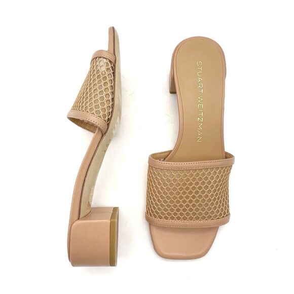Stuart Weitzman Cayman Mesh Leather Block-Heel Mules Sand Beige Size 5.5 Sandals - Picture 4 of 16